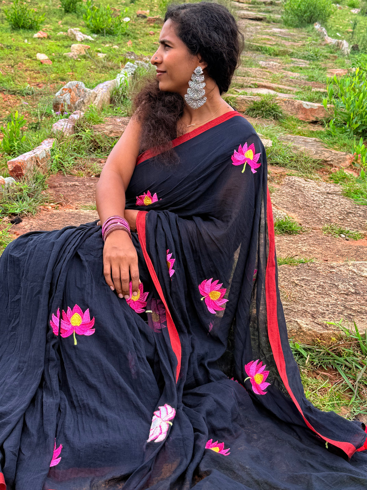 Black Mul Cotton Saree with Pink Lotus Motifs and Red Border