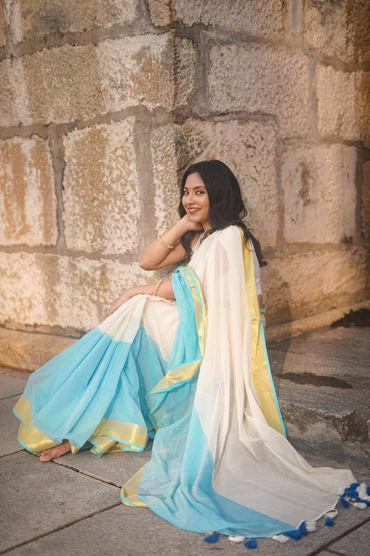 White & Sky Blue Border Cotton Saree