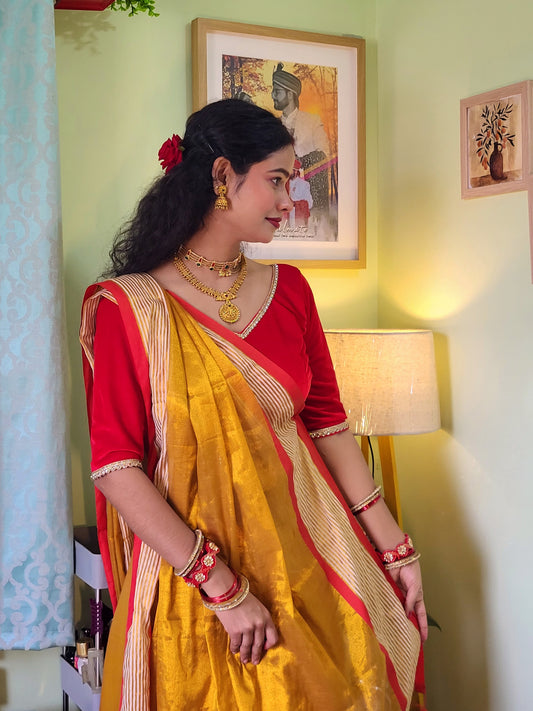 Golden Tissue Cotton Saree with Red Border | Elegant Festive & Occasion Wear