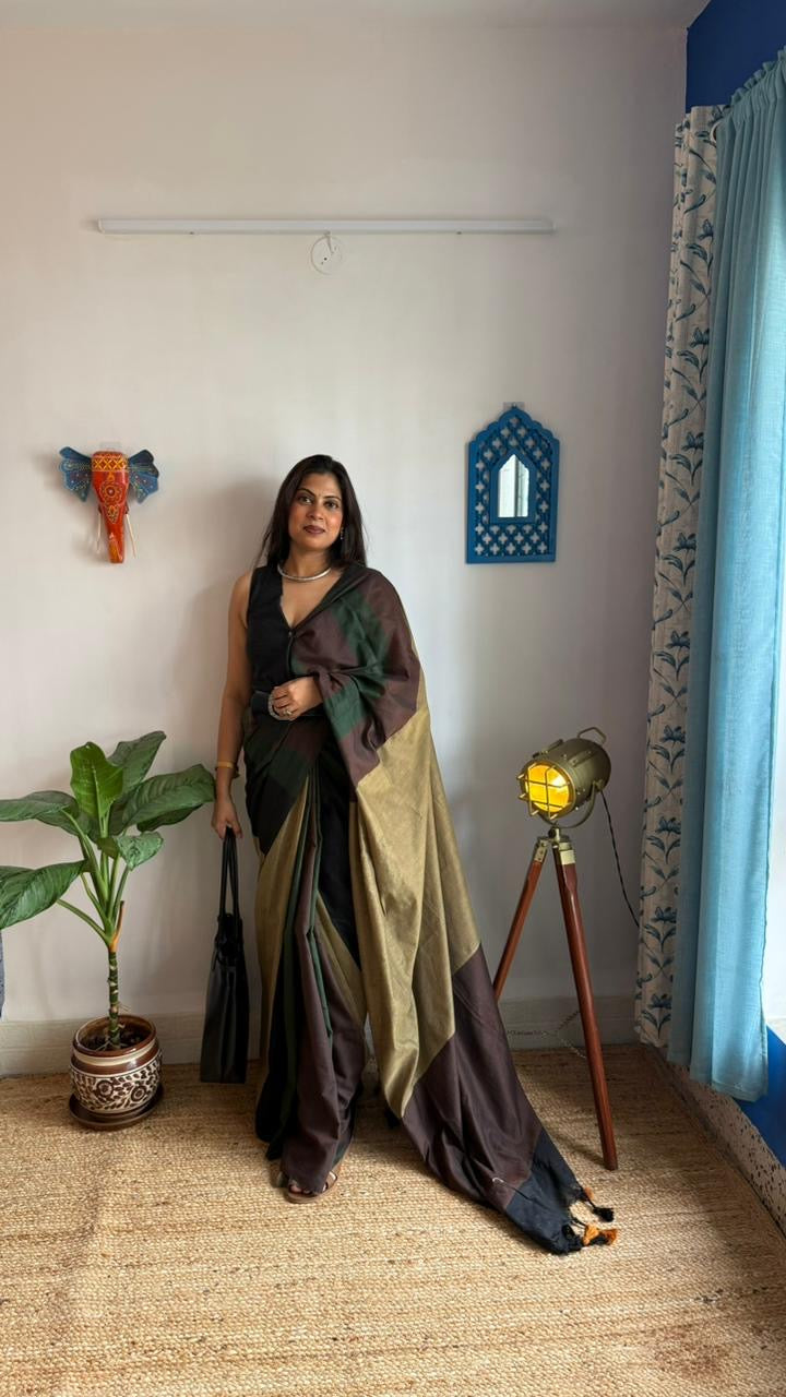 Khadi Cotton Handloom Saree in Brown, Black & Green
