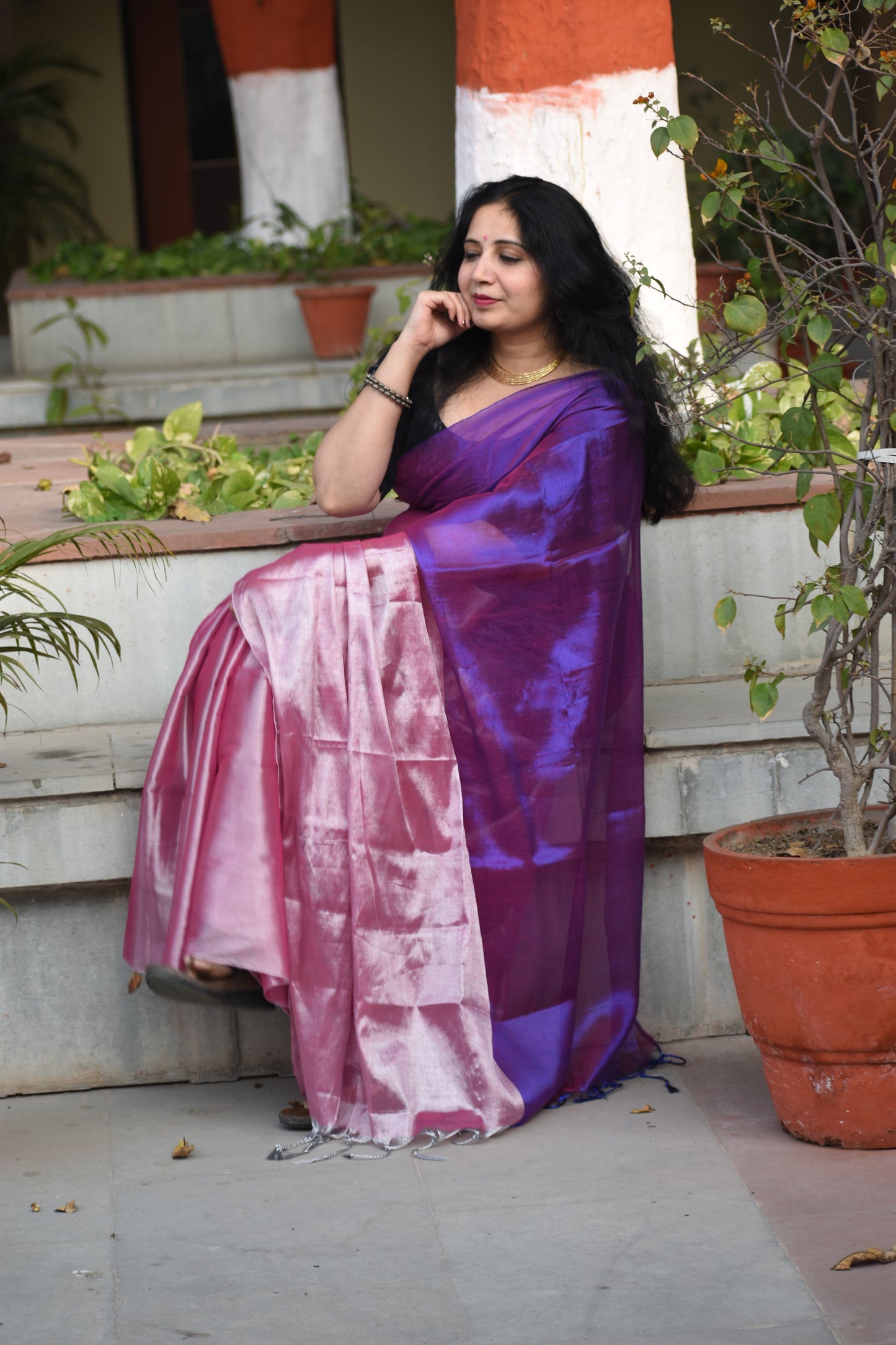 Purple Pink Handloom Tissue Saree | Elegant Festive Drapes | Bhairavi Vastram