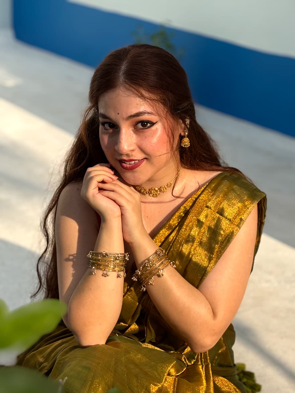 Olive Green Tissue Cotton Saree with Golden Sheen