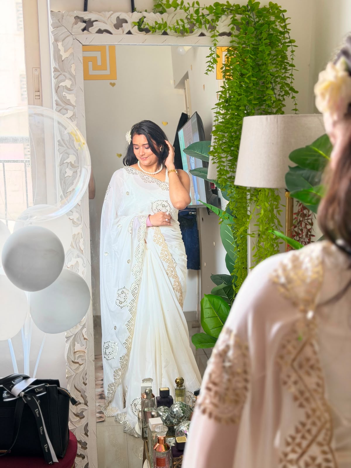 White Crepe Saree with Golden Embroidery