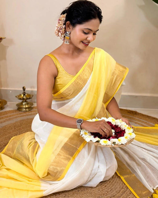 White & Yellow Border Cotton Saree