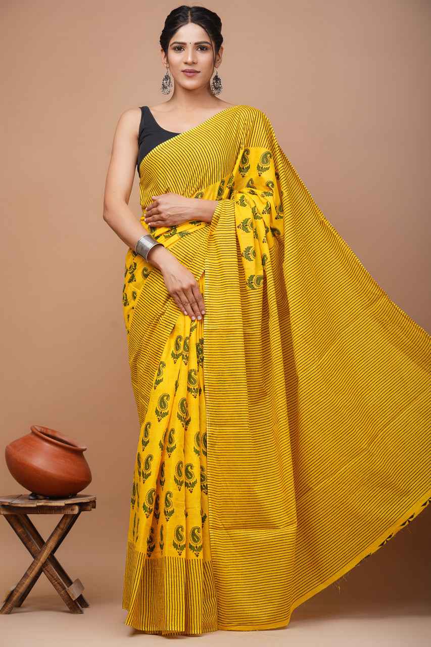 Sunburst Swirl Haldi Bloom Mulmul Cotton Saree