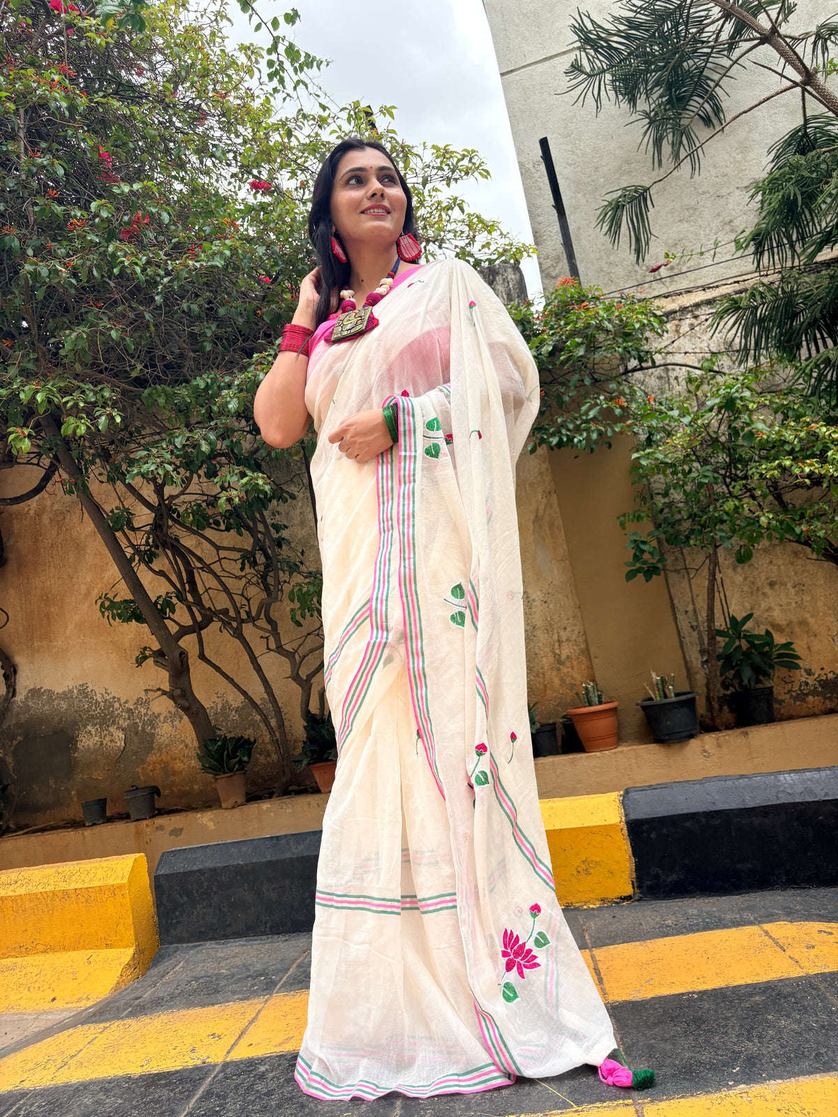 White Mul Cotton Saree with Floral Machine Embroidery | Lightweight Summer Saree
