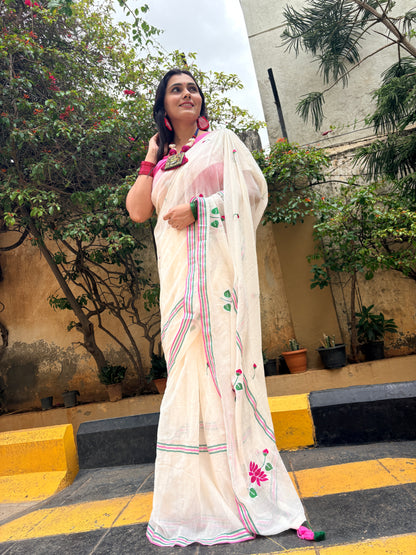 White Mul Cotton Saree with Floral Machine Embroidery | Lightweight Summer Saree
