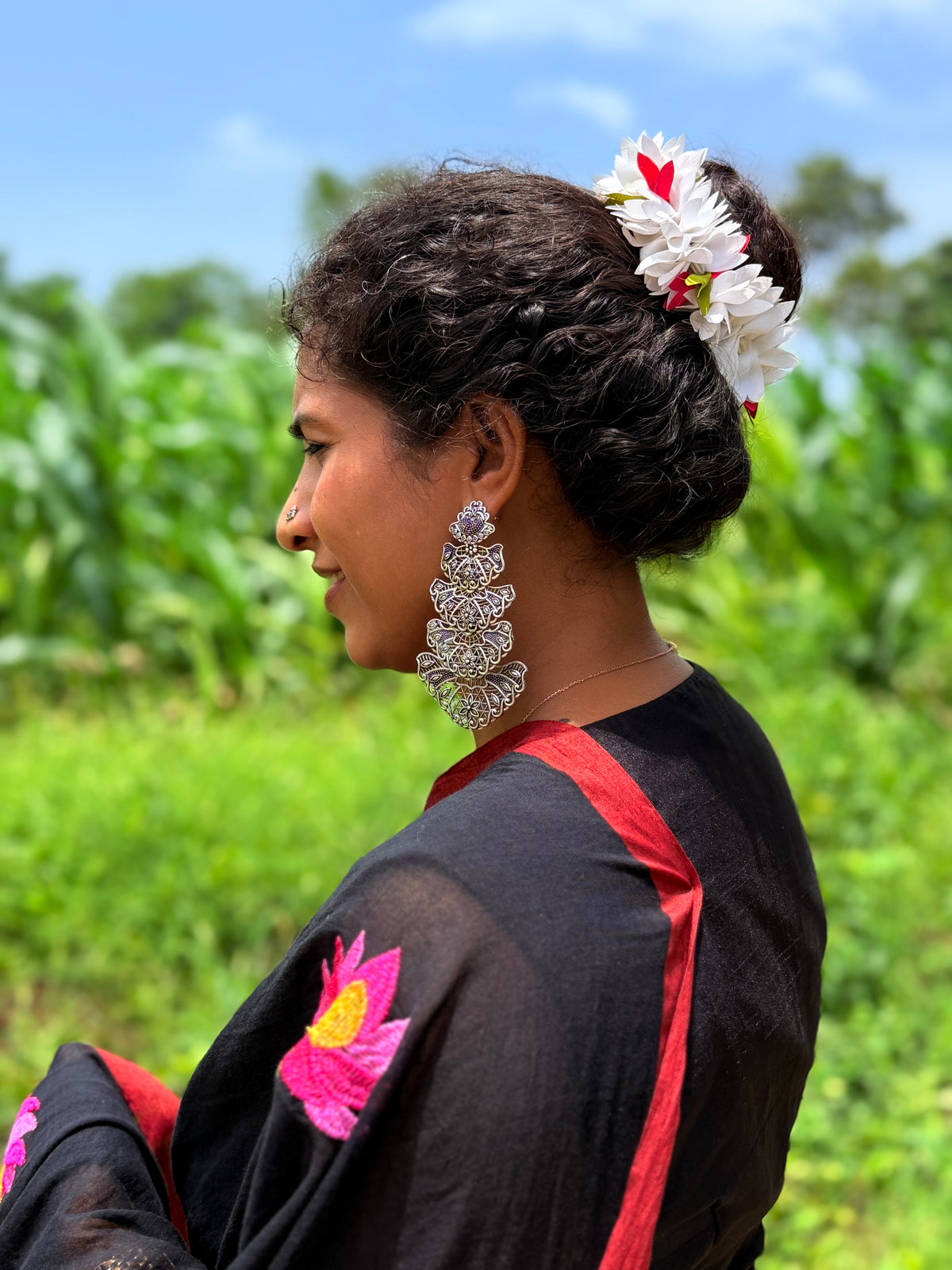 Black Mul Cotton Saree with Pink Lotus Motifs and Red Border