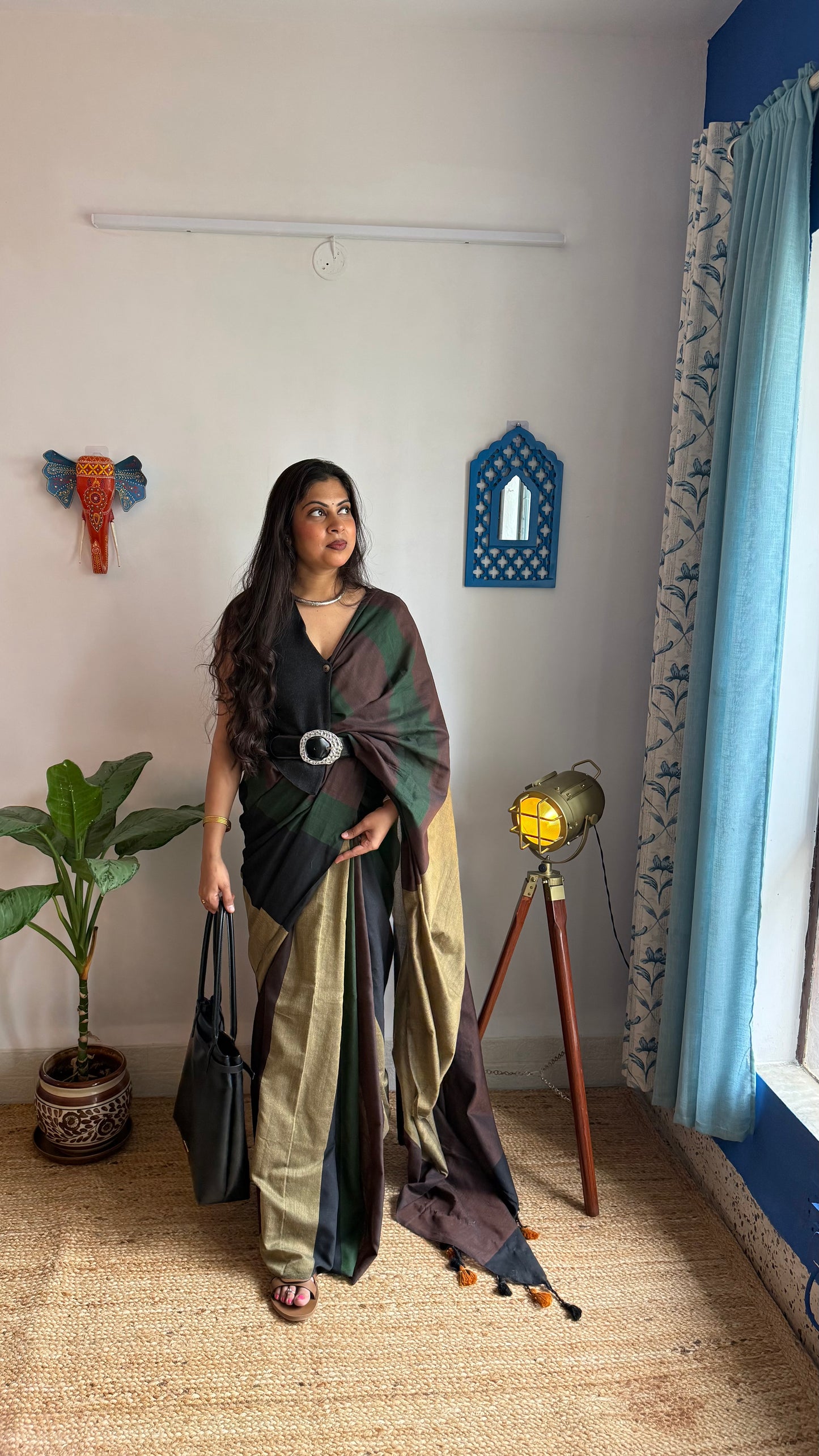 Khadi Cotton Handloom Saree in Brown, Black & Green