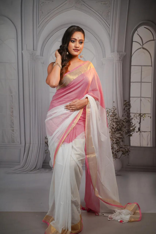 Elegant White & Blush Pink Cotton Silk Saree