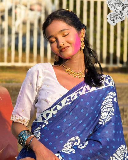 Blue Bagru Block Print Saree | Handcrafted Cotton Elegance | Bhairavi Vastram