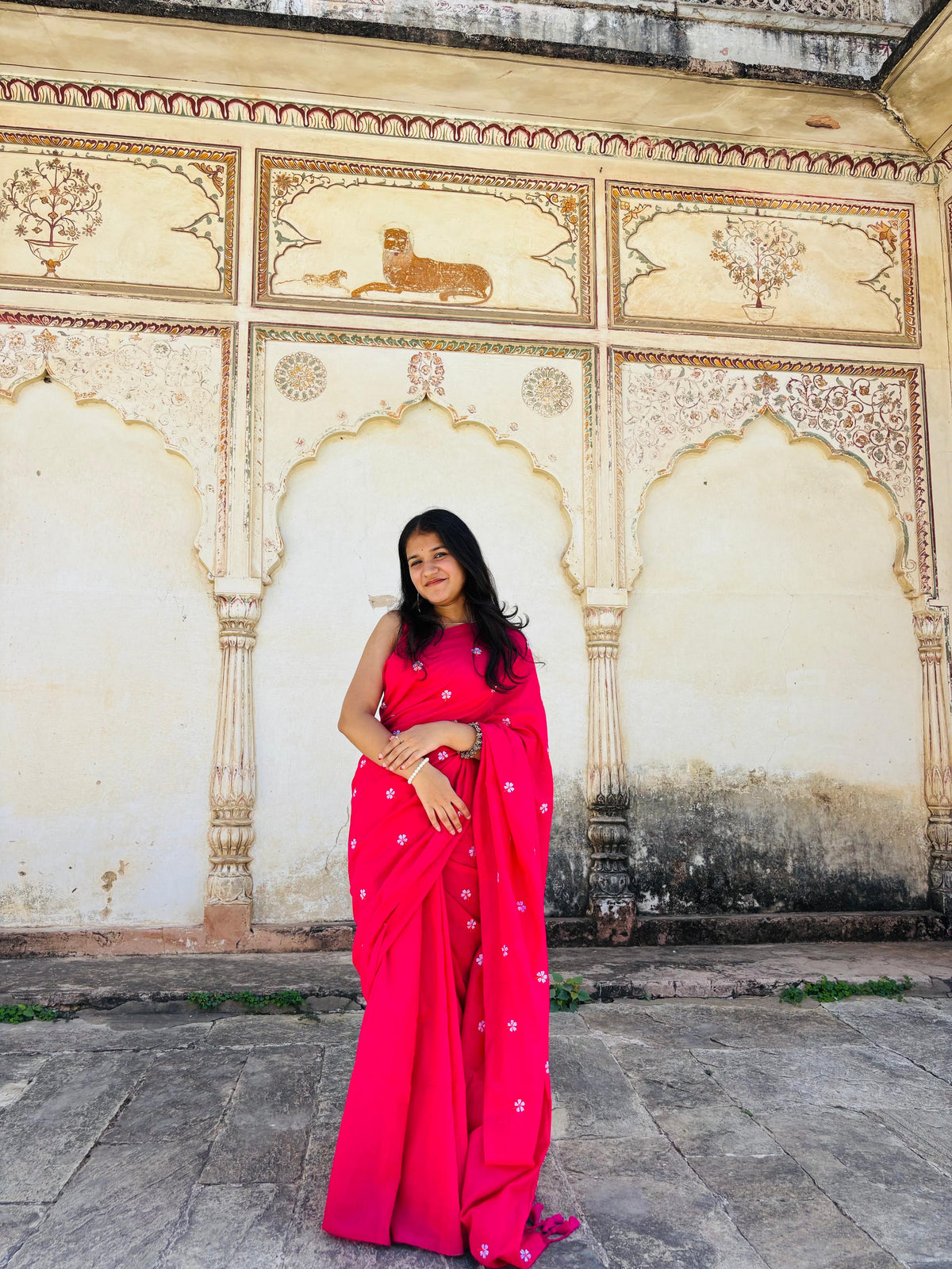 Rani Pink Mulmul Cotton Saree with Parijat Handwork Flowers