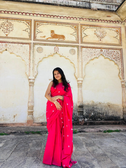 Rani Pink Mulmul Cotton Saree with Parijat Handwork Flowers