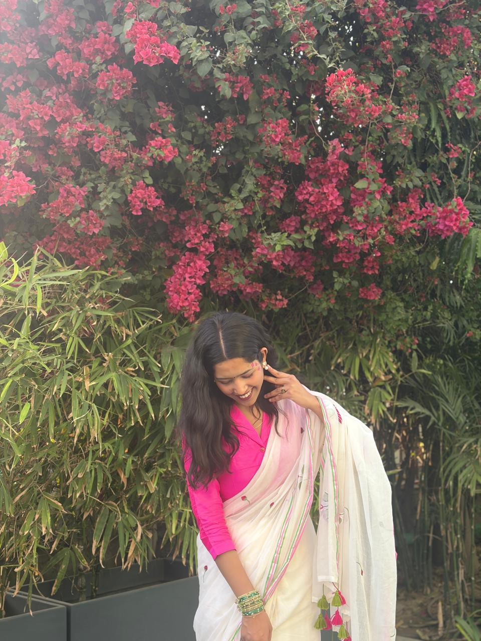 White Mul Cotton Saree with lotus Embroidery