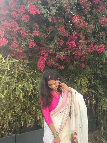 White Mul Cotton Saree with lotus Embroidery
