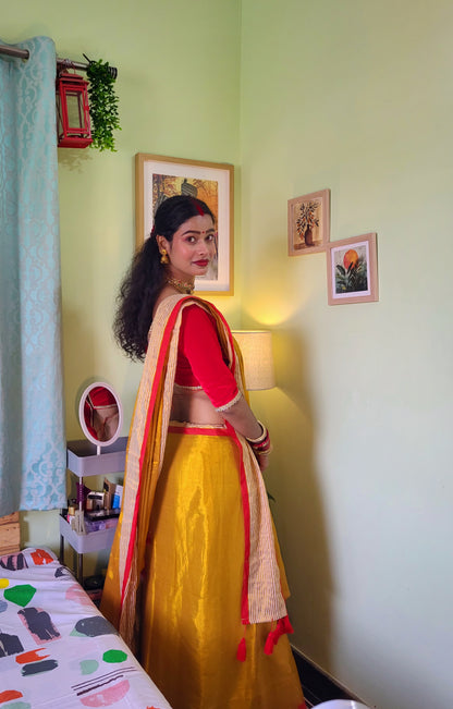 Golden Tissue Cotton Saree with Red Border | Elegant Festive & Occasion Wear