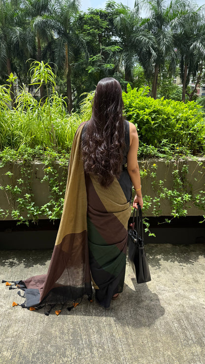 Khadi Cotton Handloom Saree in Brown, Black & Green