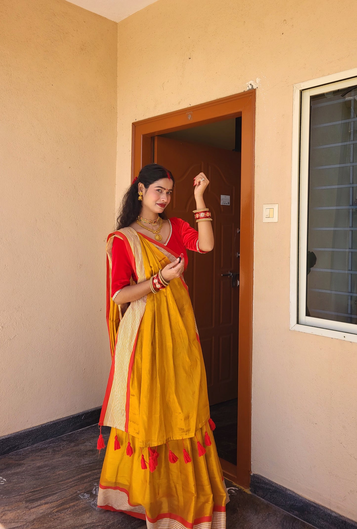 Golden Tissue Cotton Saree with Red Border | Elegant Festive & Occasion Wear