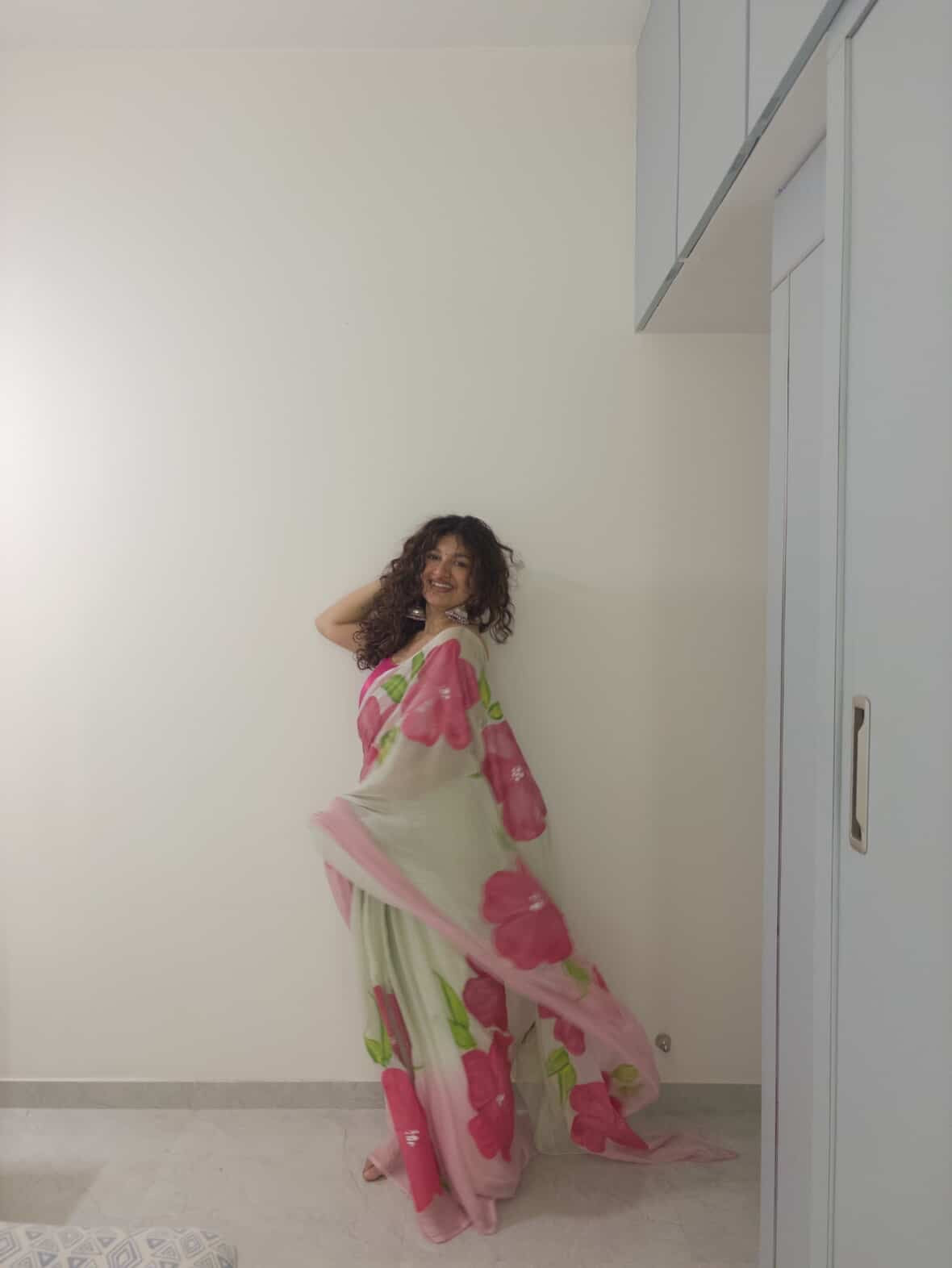 Cardamom Green Semi Chiffon Hand Painted Saree