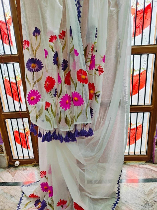 White Floral Print Cotton Saree
