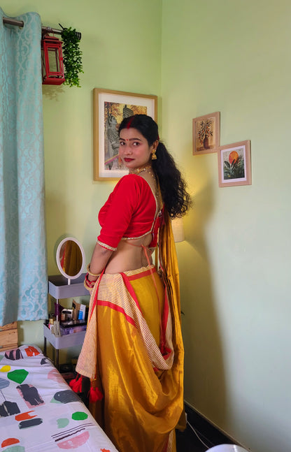 Golden Tissue Cotton Saree with Red Border | Elegant Festive & Occasion Wear