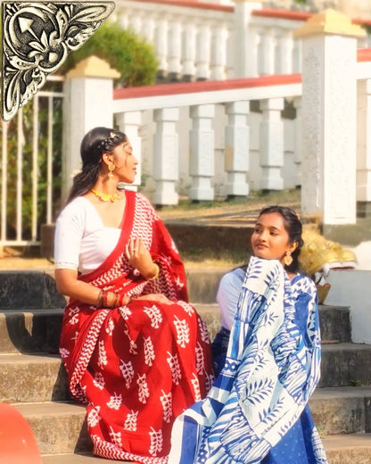 Blue Bagru Block Print Saree | Handcrafted Cotton Elegance | Bhairavi Vastram