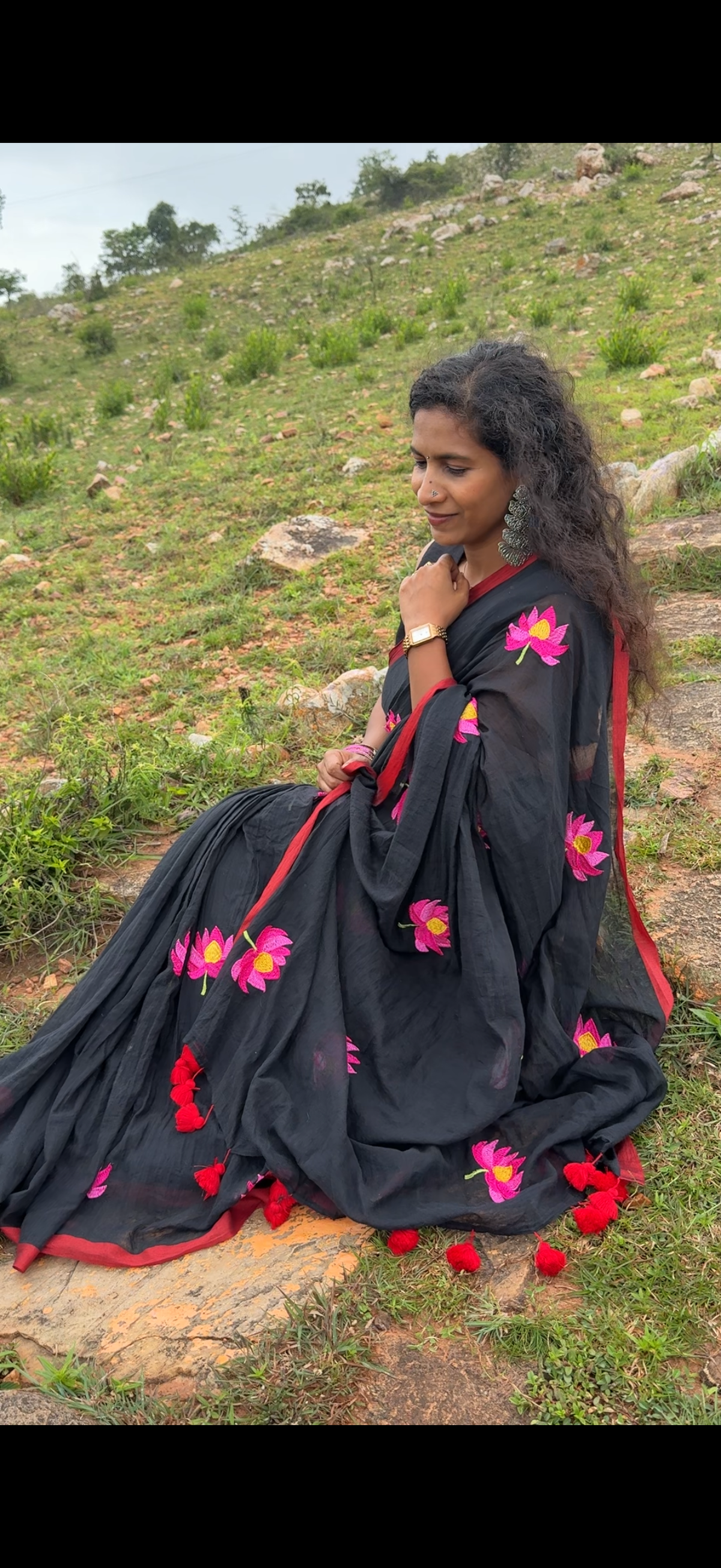 Black Mul Cotton Saree with Pink Lotus Motifs and Red Border
