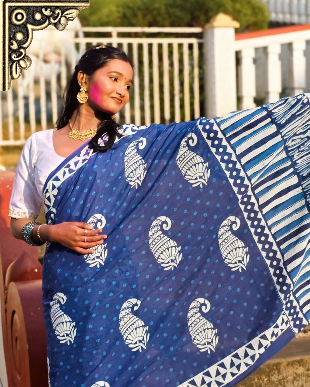 Blue Bagru Block Print Saree | Handcrafted Cotton Elegance | Bhairavi Vastram