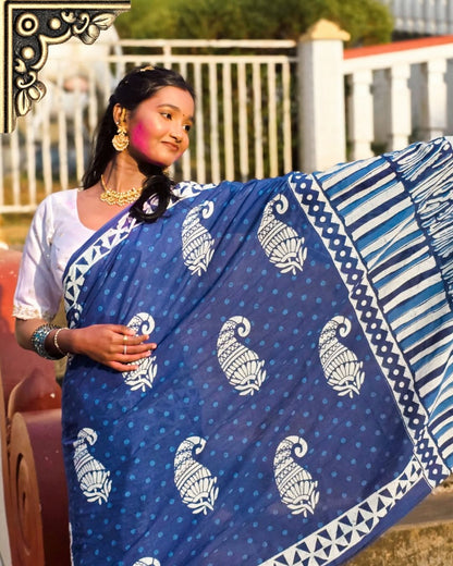 Blue Bagru Block Print Saree | Handcrafted Cotton Elegance | Bhairavi Vastram