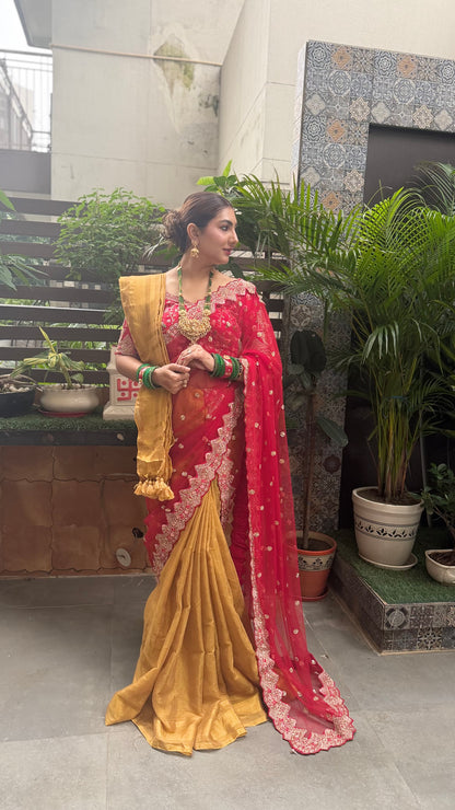 Pure Tissue Linen Saree | Mustard Yellow Tissue Linen Saree