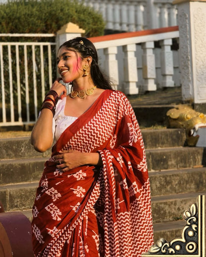 Bagru Block Print Rust & White Saree | Natural Dye Handcrafted Elegance | Bhairavi Vastram