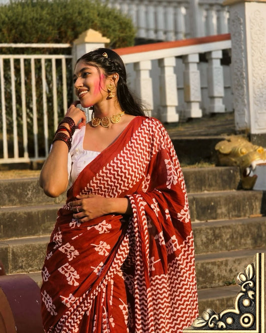 Bagru Block Print Rust & White Saree | Natural Dye Handcrafted Elegance | Bhairavi Vastram