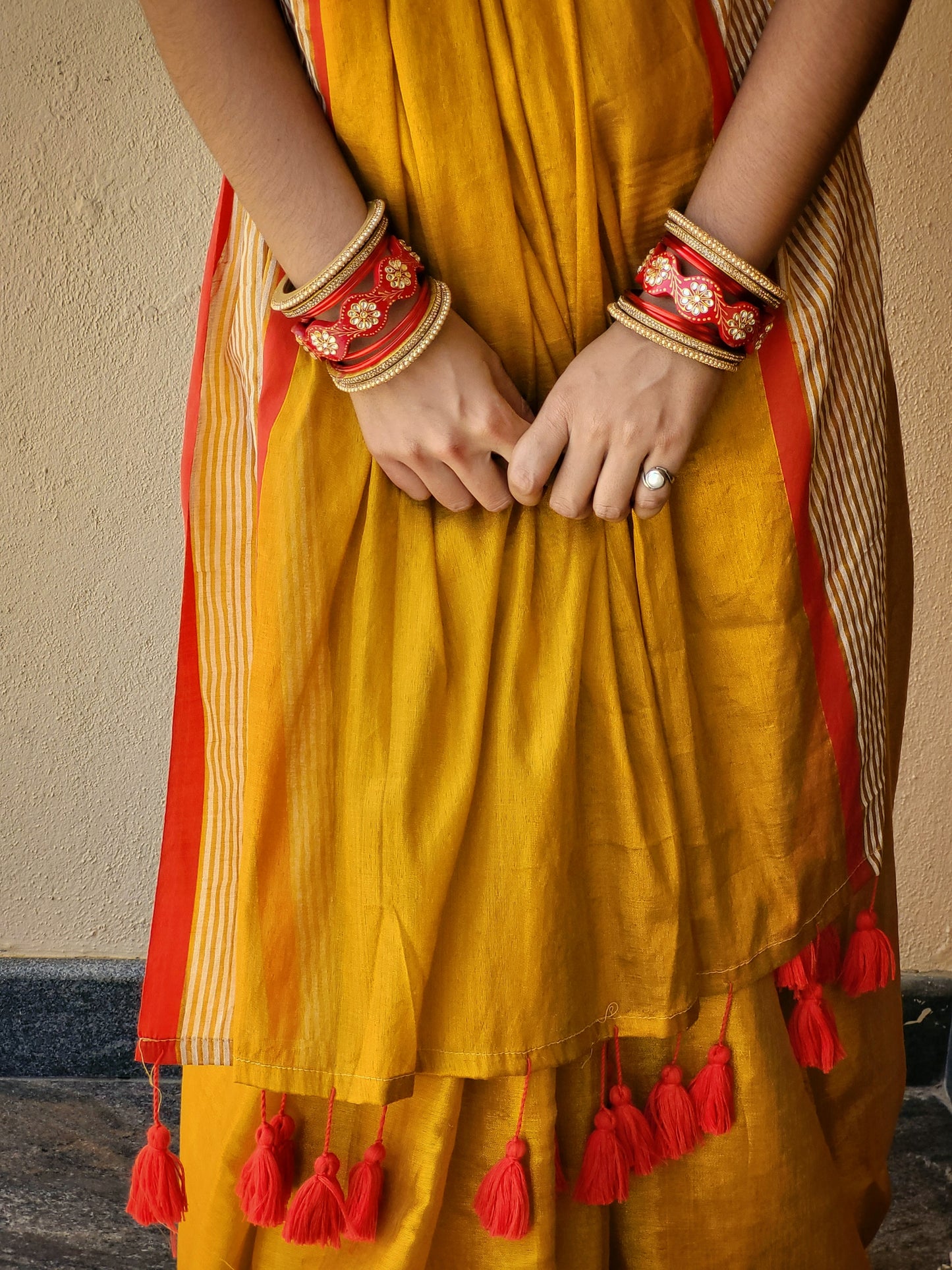 Golden Tissue Cotton Saree with Red Border | Elegant Festive & Occasion Wear