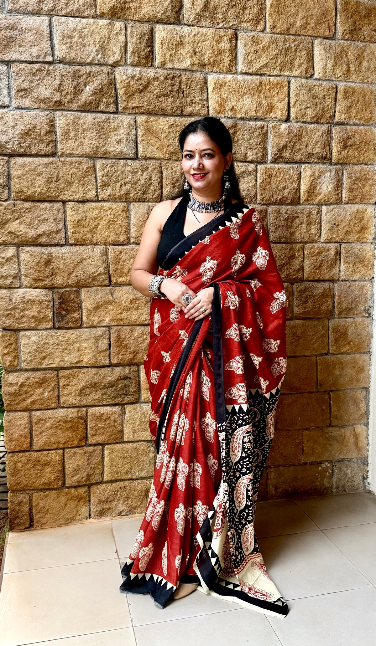 Bagru Handblock Print Cotton Saree in Crimson Red & Black