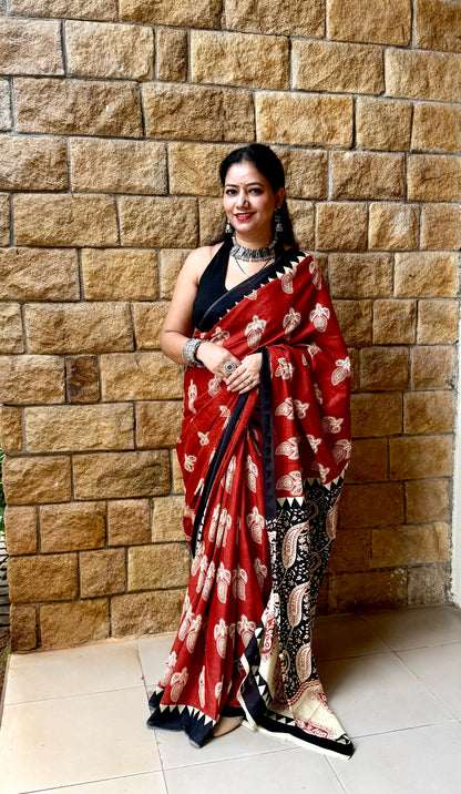 Bagru Handblock Print Cotton Saree in Crimson Red & Black