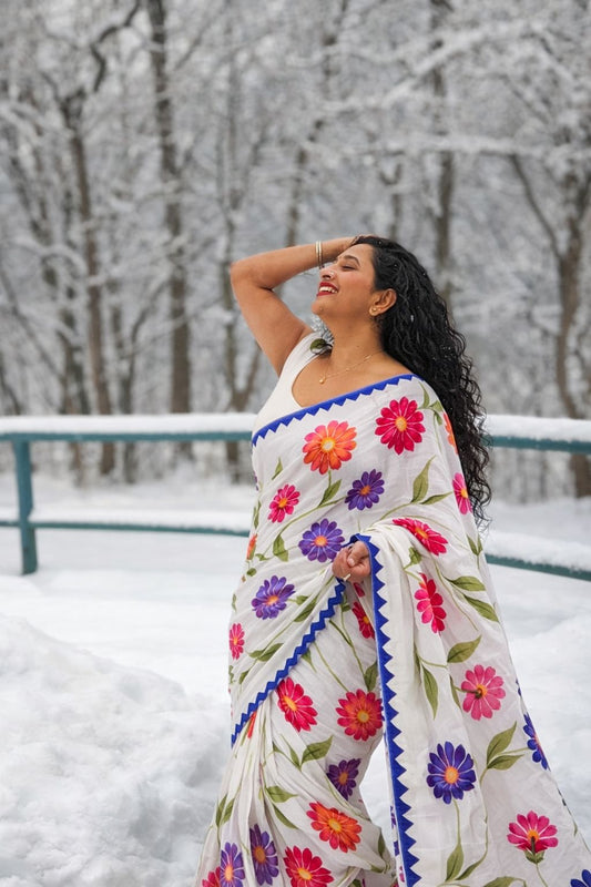 White Floral Print Cotton Saree