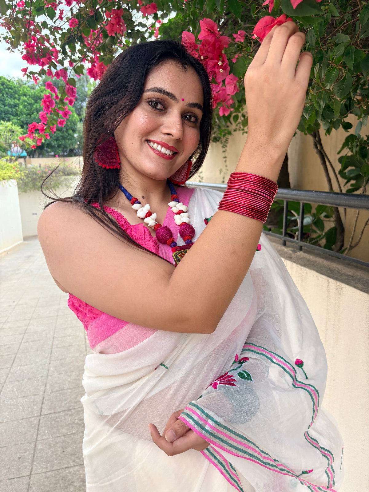 White Mul Cotton Saree with Floral Machine Embroidery | Lightweight Summer Saree