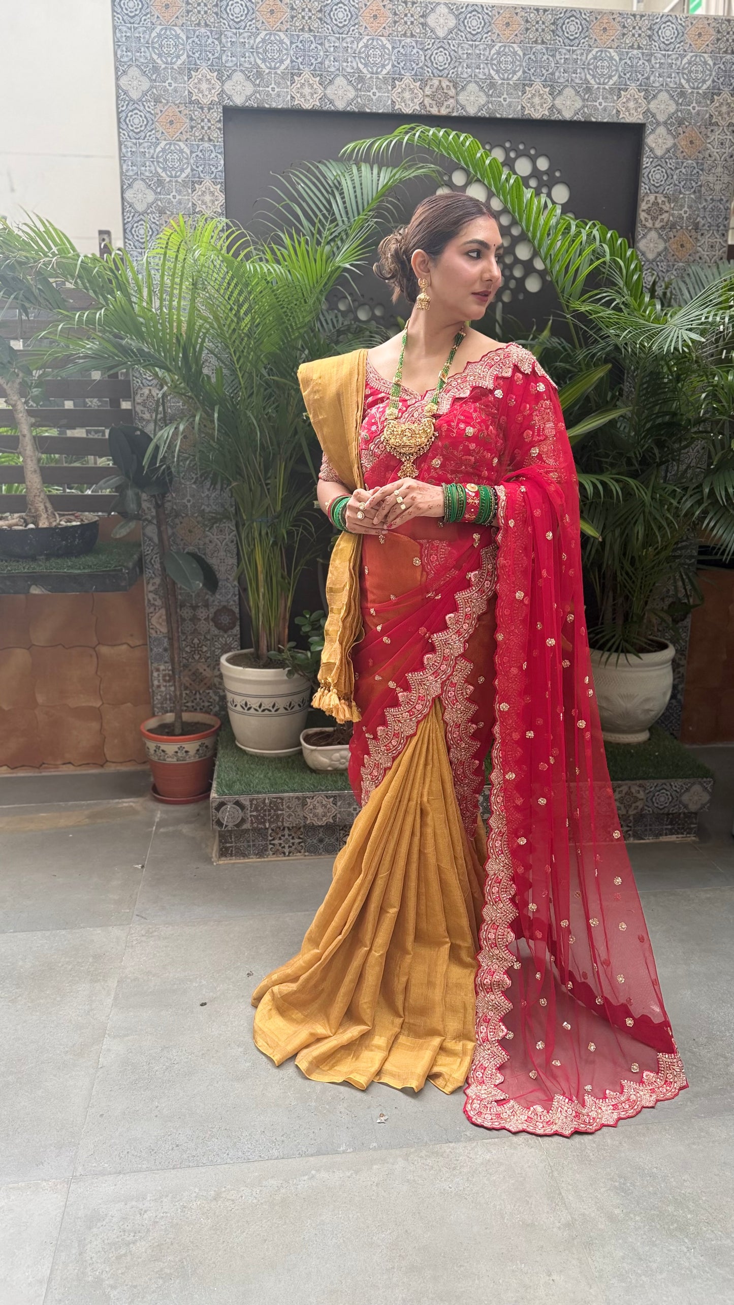 Pure Tissue Linen Saree | Mustard Yellow Tissue Linen Saree