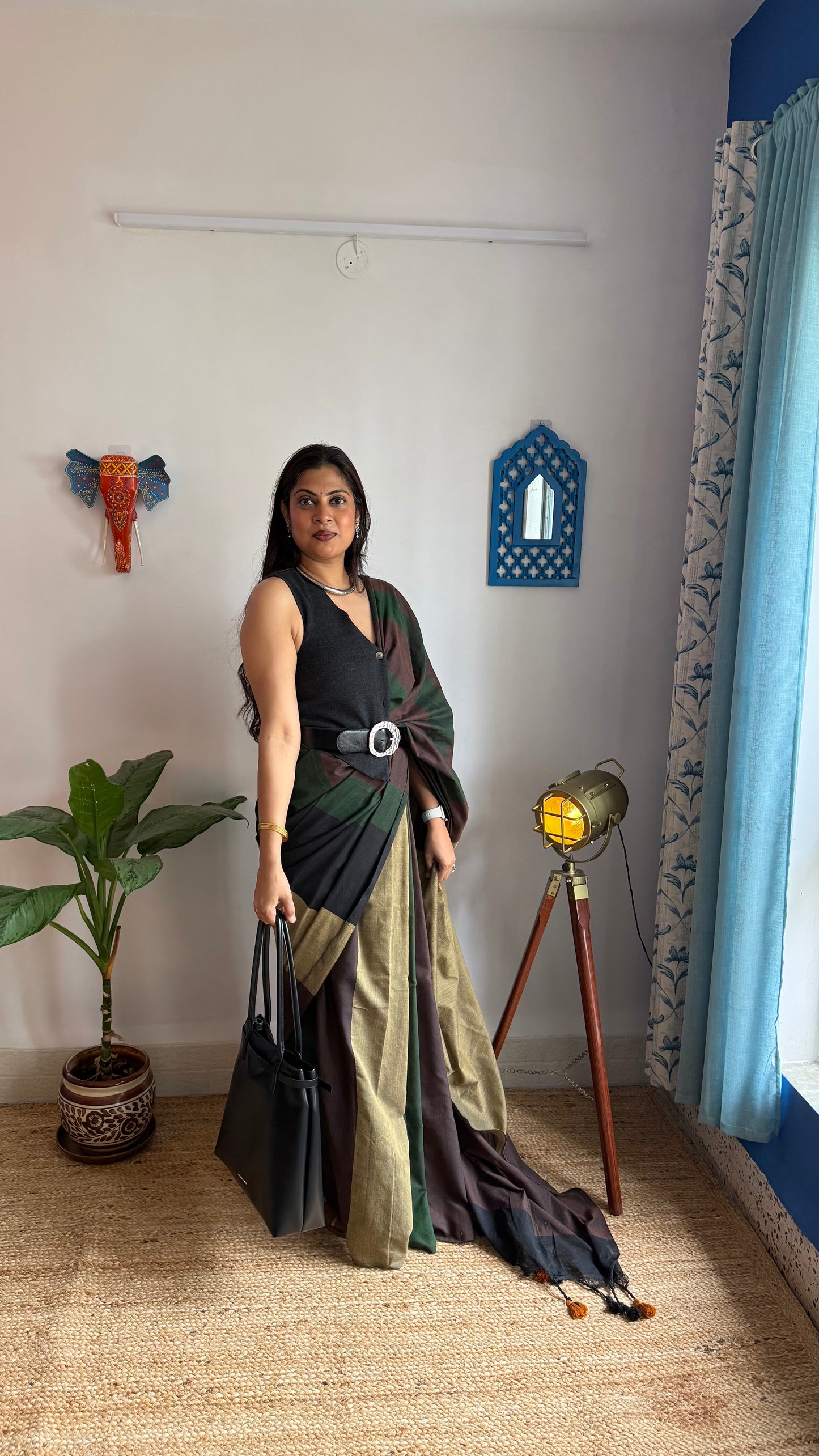 Khadi Cotton Handloom Saree in Brown, Black & Green