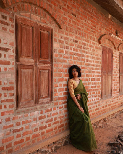 Green Khadi Cotton Saree | Handloom Cotton Saree for Office & Everyday Wear