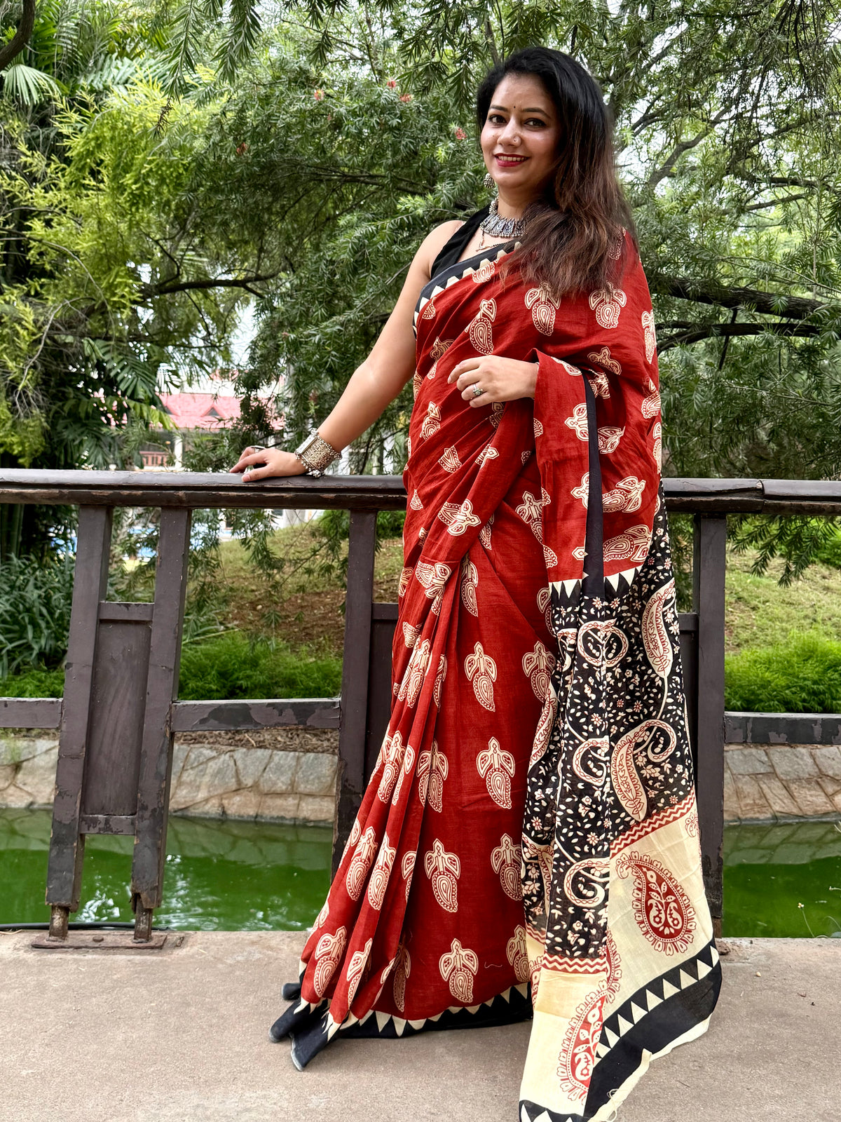 Bagru Handblock Print Cotton Saree in Crimson Red & Black