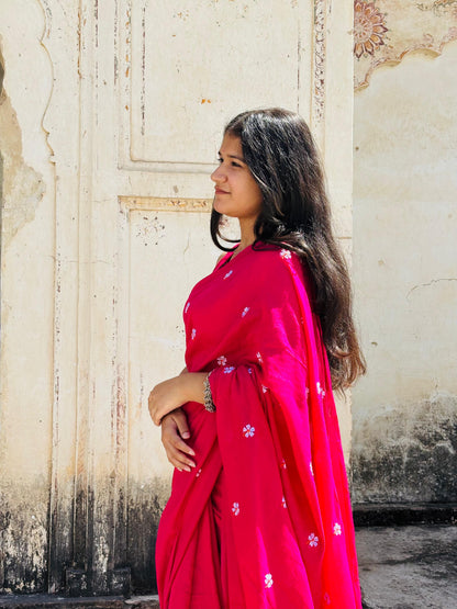 Rani Pink Mulmul Cotton Saree with Parijat Handwork Flowers