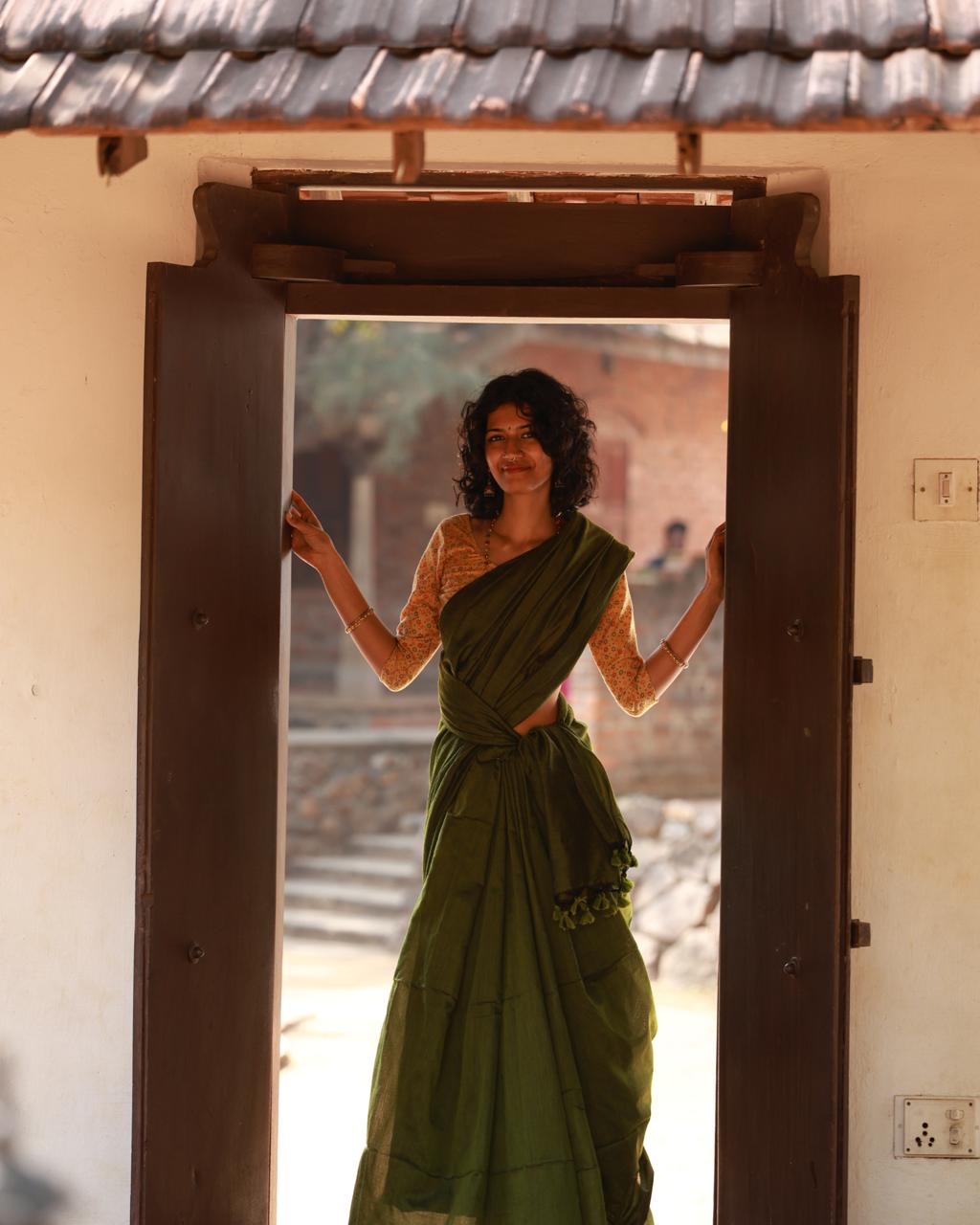 Green Khadi Cotton Saree | Handloom Cotton Saree for Office & Everyday Wear