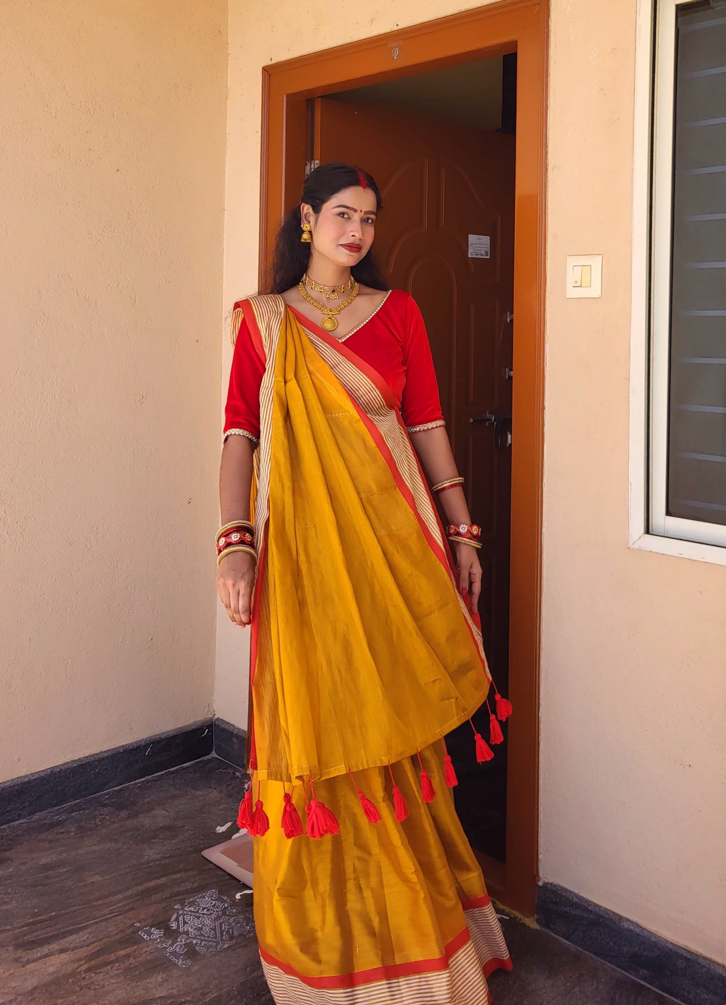 Golden Tissue Cotton Saree with Red Border | Elegant Festive & Occasion Wear