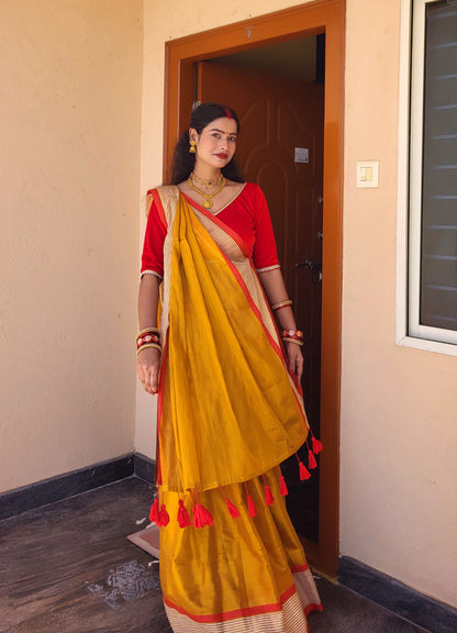 Golden Tissue Cotton Saree with Red Border | Elegant Festive & Occasion Wear