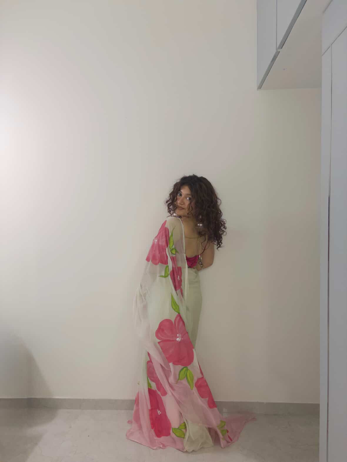 Cardamom Green Semi Chiffon Hand Painted Saree
