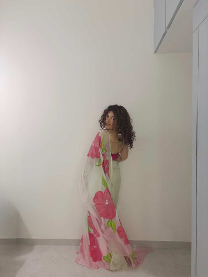 Cardamom Green Semi Chiffon Hand Painted Saree