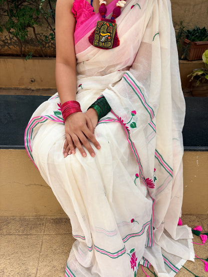 White Mul Cotton Saree with Floral Machine Embroidery | Lightweight Summer Saree