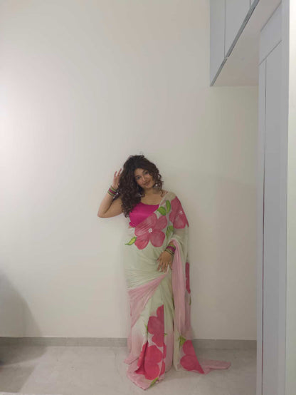 Cardamom Green Semi Chiffon Hand Painted Saree