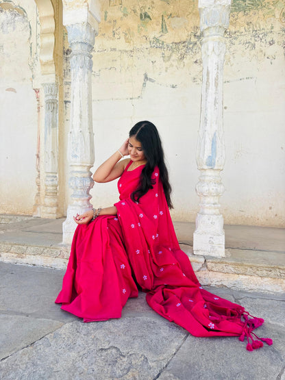 Rani Pink Mulmul Cotton Saree with Parijat Handwork Flowers